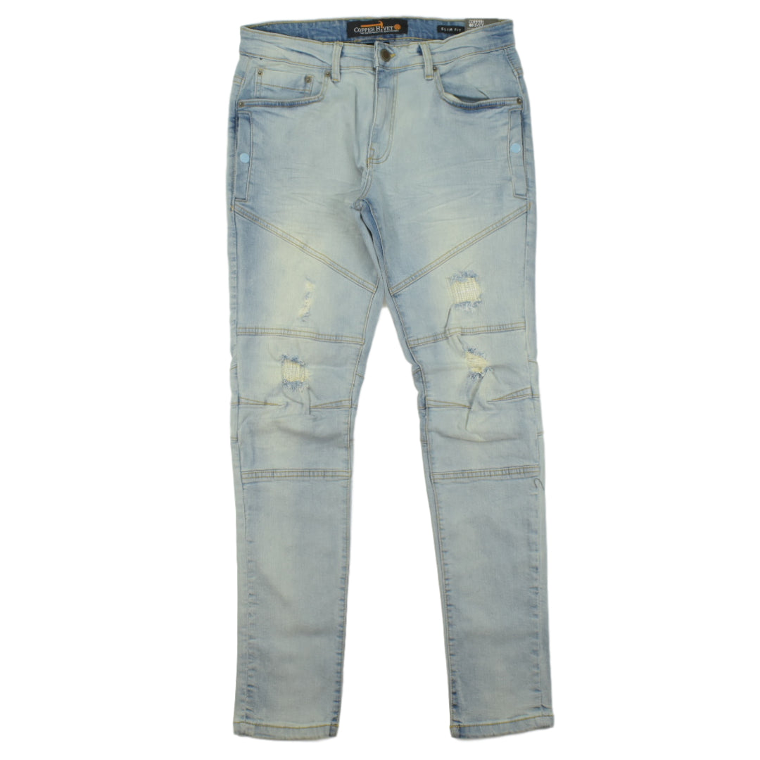 High Street Fashion Mens Blue Denim Flared Jeans Beige With Rivet