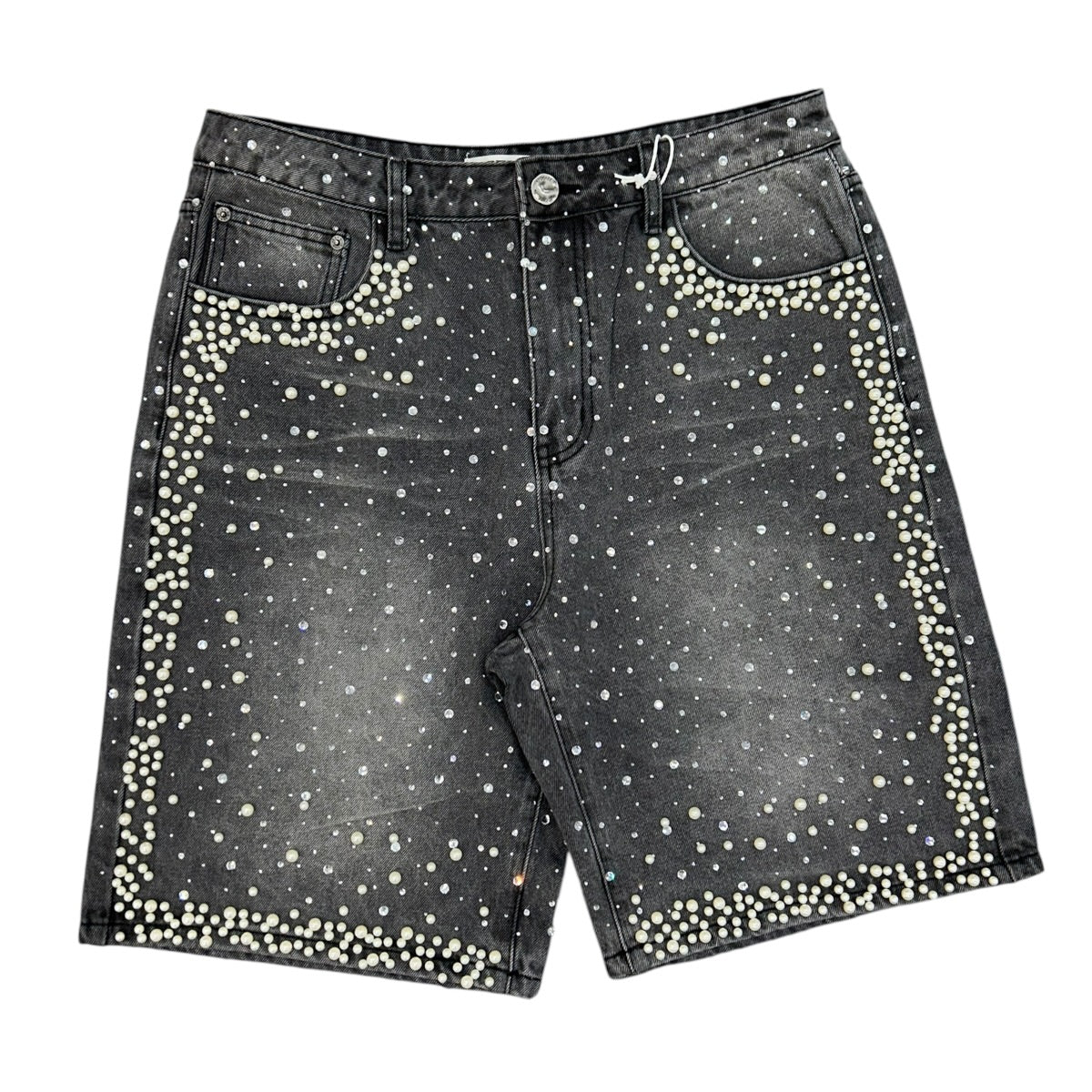 STORM88 | PEARL STUDDED DENIM SHORTS - CHARCOAL