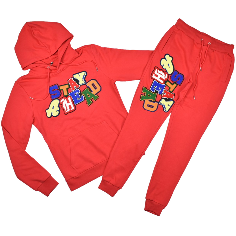 Rawyalty Clothing Stay Ahead Chenille Hoodie And Jogger Red Set Memphis Urban Wear